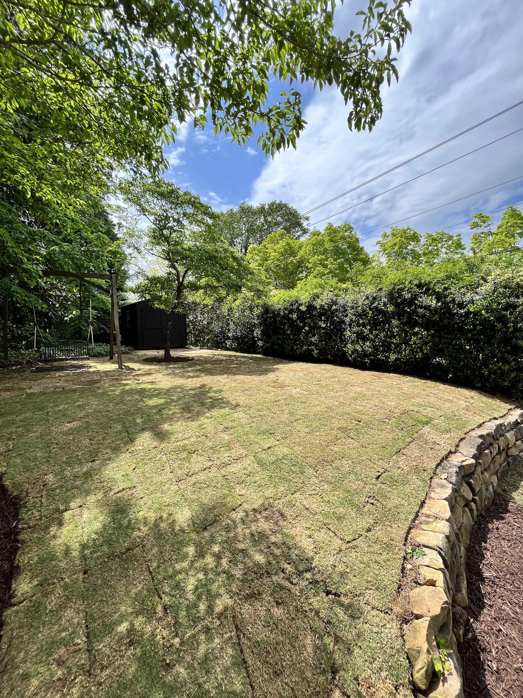 Freshly sodded backyard with a landscaped edge